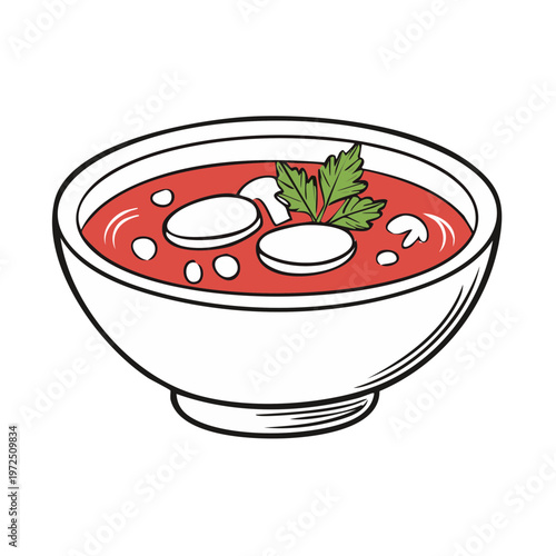 Delicious tomato mushroom soup with parsley garnish in a white bowl cartoon illustration