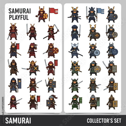 Collection of Chibi Style Samurai Warriors with Armor and Weapons.
