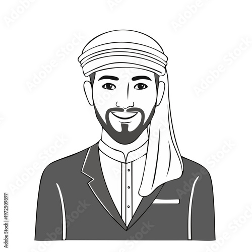 Smiling man with beard wearing traditional Middle Eastern headwear and attire