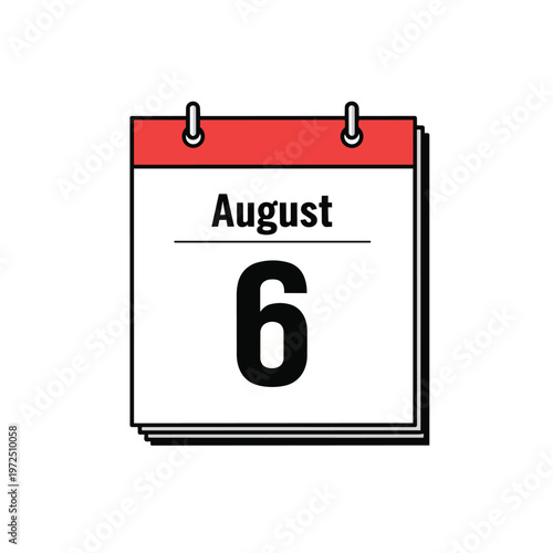 A clean graphic illustration of a tear-off calendar page displaying the date August sixth on a stark white backdrop, symbolizing a specific moment