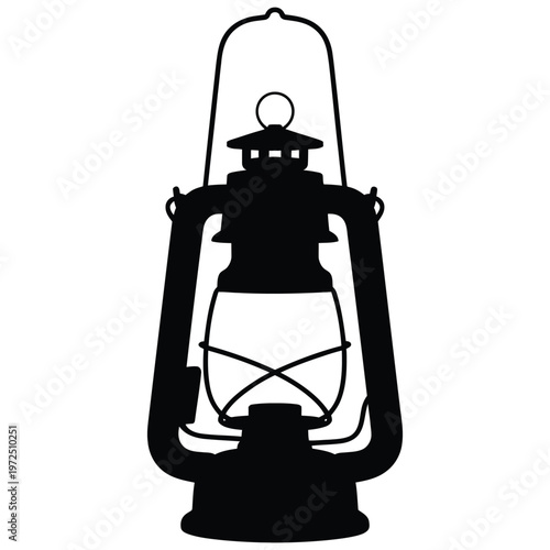 A classic kerosene lantern depicted in stark black and white showcasing a detailed silhouette