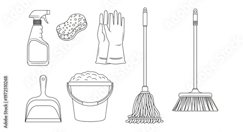 Cleaning Supplies Line Art - Spray Bottle, Sponge, Gloves, and More.