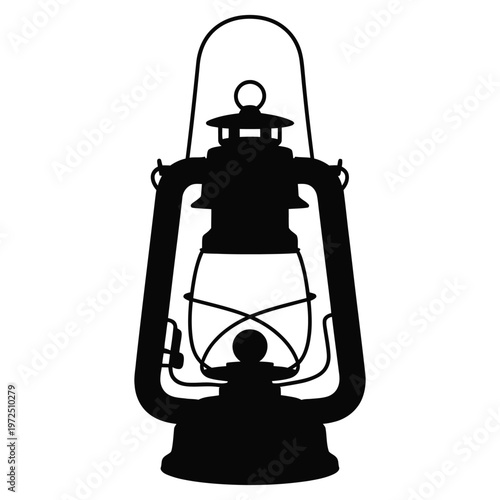 A classic kerosene lantern depicted in stark black and white showcasing a detailed silhouette