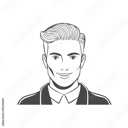 Stylized portrait of a smiling man in a suit with sculpted hair