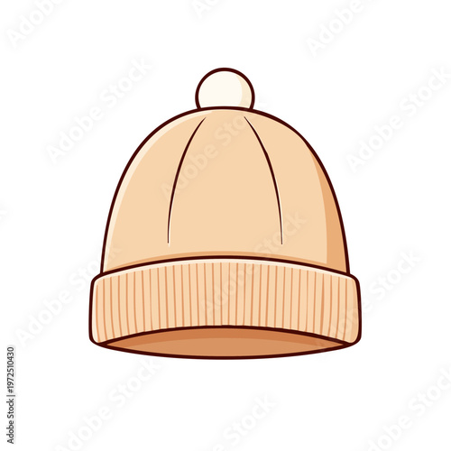 Simple Flat Knit Beanie Hat with Pom Pom Isolated on White