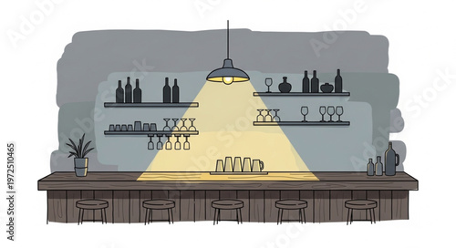 Atmospheric Bar Scene with Bottles and Glasses on Shelves.