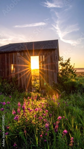 Sunlight Streaming Through Doorway of Abandoned Cabin in Nature
