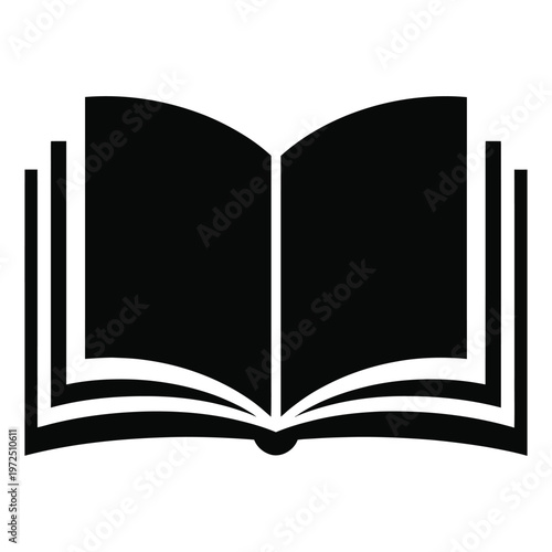 A simple black silhouette of an open book with visible pages creating a stark contrast silhouette