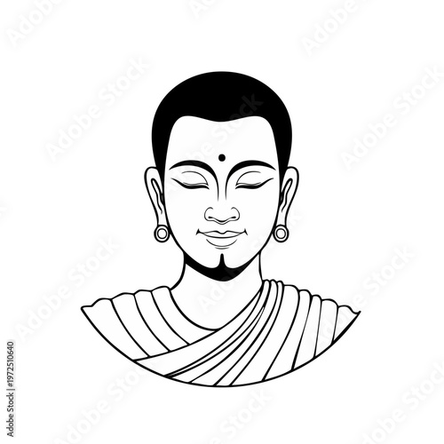 Stylized black and white illustration of a serene man with closed eyes and a gentle smile wearing monastic robes