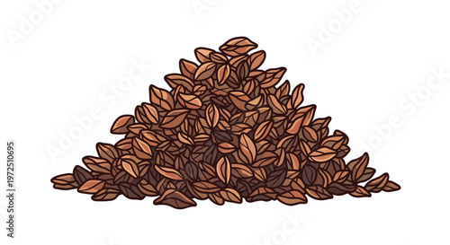 A detailed botanical illustration presents a large heap of brown buckwheat grains featuring individual triangular kernels with dark outlines on a clean white background.