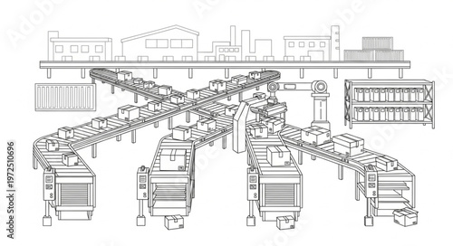 Automated Industrial System with Conveyor Belts and Machinery.