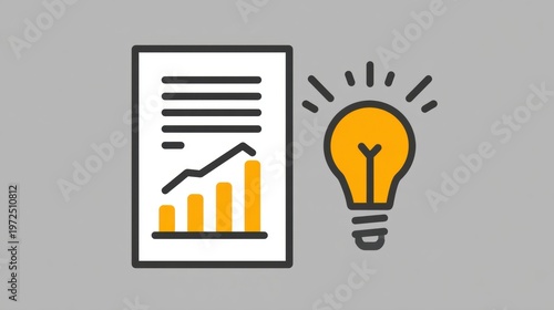Business report with growing chart and bright idea light bulb