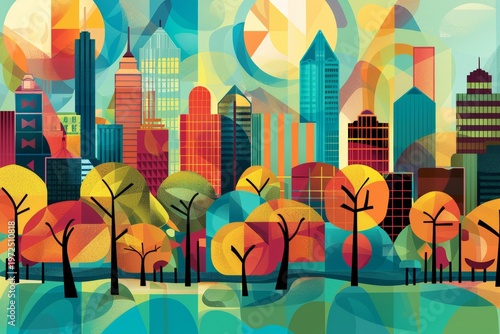Colorful abstract city skyline with geometric trees