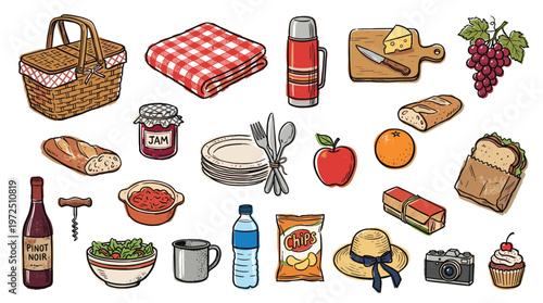 Outdoor picnic basket filled with food and drinks for a delightful summer day celebration, complete with bread, cheese, fruit, and a bottle of wine