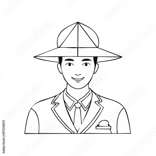 Man wearing a wide brimmed hat and a suit with a tie and pocket square smiling