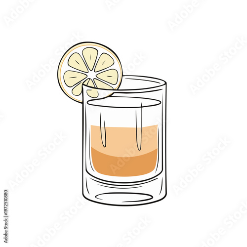 Hand drawn illustration of a shot glass with amber liquid and lemon slice garnish
