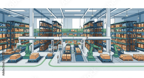 Automated Warehouse with Robotic Arms and Conveyor Belts.