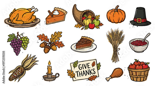 Thanksgiving Holiday Food and Symbols Collection with Turkey Pie Pumpkin Corn Grapes Acorns Wheat and Candle for Autumn Celebration
