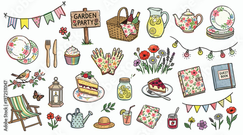 Charming Garden Party Illustration with Floral Elements and Picnic Essentials