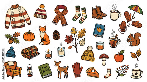 Cozy Autumn Collection of Fall Season Elements Including Sweater Boots Scarf Pumpkin Fox Squirrel and Warm Drinks for Seasonal Design