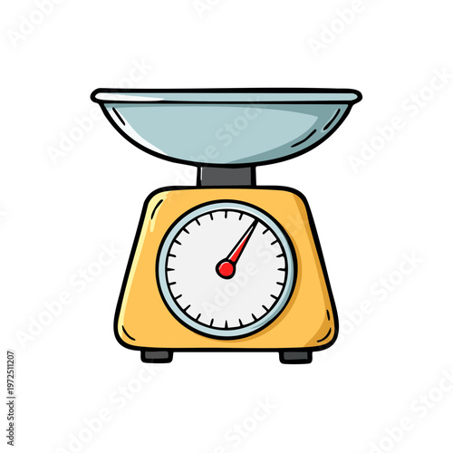 Retro kitchen scale with a round dial and red needle measures weight for food preparation