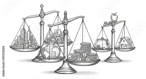 Balancing Act - Scales Weighing City, Globe, Money, and Homes.