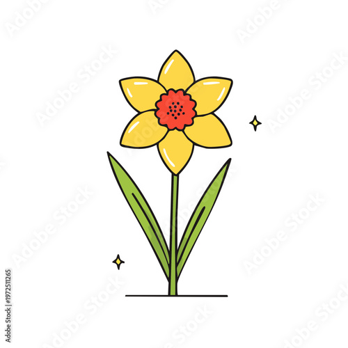 Bright Yellow Daffodil Flower with Red Center and Green Leaves Sparkle