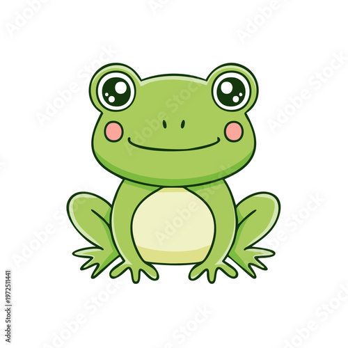 Cute cartoon green frog character smiling with big eyes and rosy cheeks