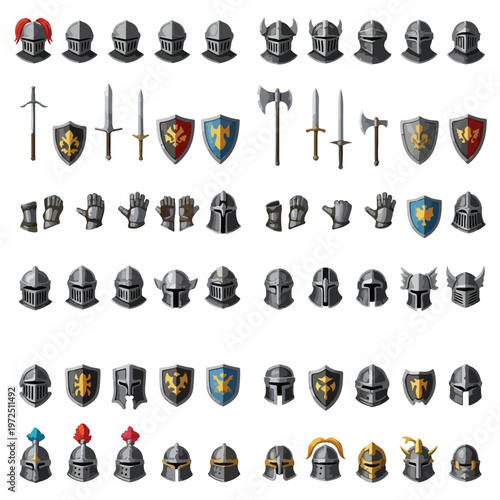 Large collection of medieval knight equipment icons including helmets swords shields and gauntlets for fantasy game design.