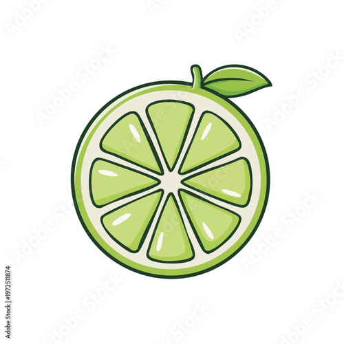 Vibrant cartoon lime slice with a leaf and stem symbolizing freshness and citrus flavor