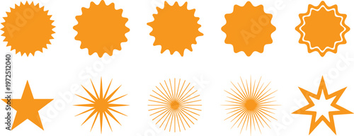 Vector illustration of orange geometric shapes including stars, scalloped circles, spiked edges, and radial symmetry designs