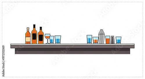 Bar Shelf with Bottles and Glasses - A Classic Cocktail Setup.