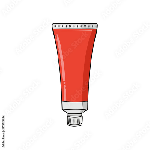 Red squeeze tube with cap, simple illustration, isolated on white background, cosmetic product packaging concept