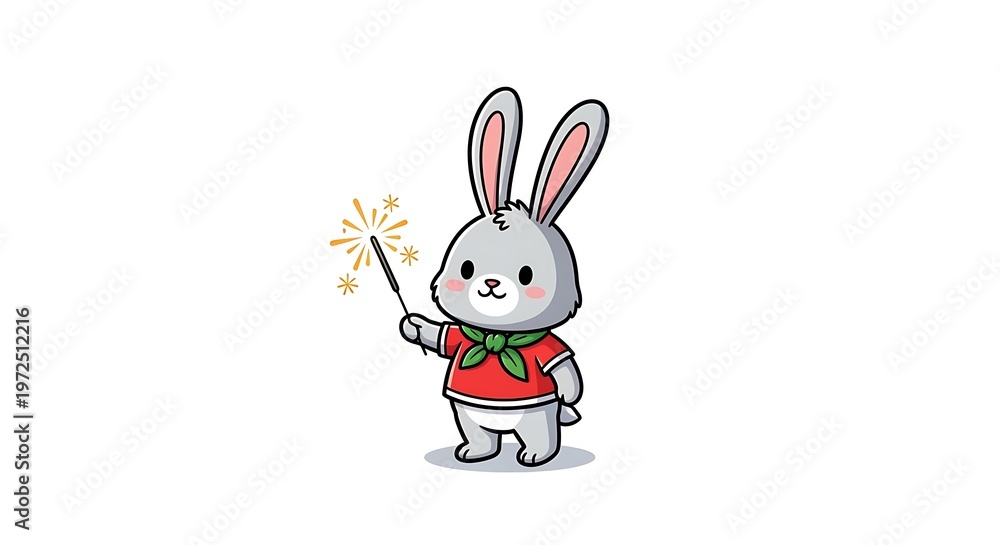 Obraz premium Cute cartoon bunny holding sparkler stick.