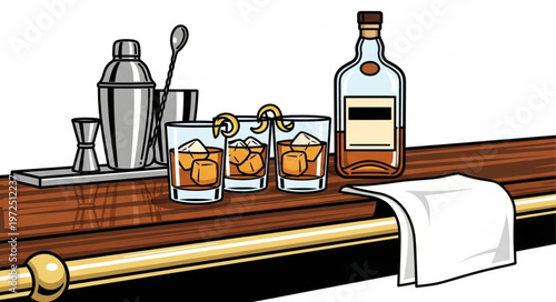 Bar Scene with Cocktails and Bartending Tools Illustration.