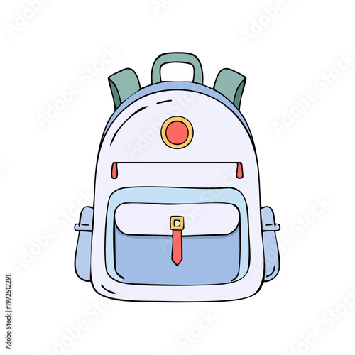 Cute cartoon backpack with two straps and pockets in light blue and white with red accents