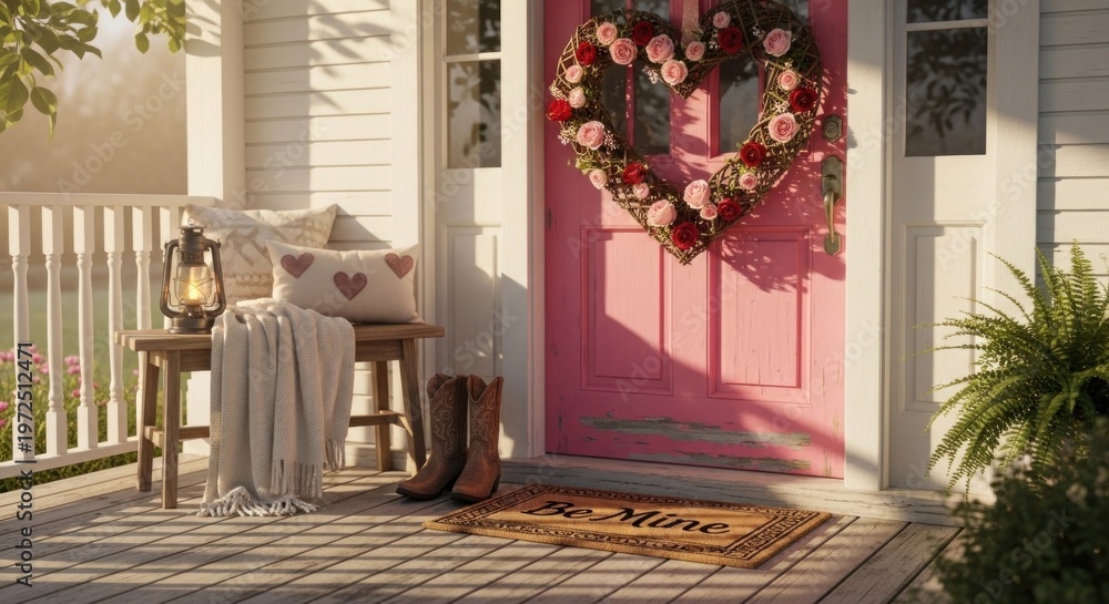 Fototapeta premium A cozy front porch with a pink door adorned with a heart-shaped wreath and a blanket on a bench.