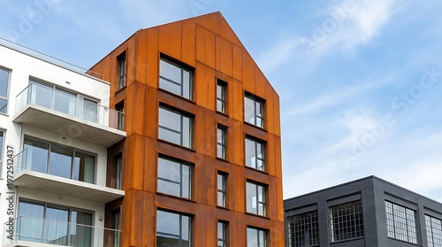 Architectural Detail of a Rusty Orange Metal Apartment Complex Exterior Next to White and Black Buildings in a Modern Neighborhood
