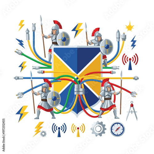 Four armored Roman legionary soldiers protecting a central digital shield connected with data cables.