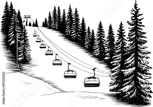 Black and white of ski lift chairs ascending a snowy mountain slope lined with pine trees