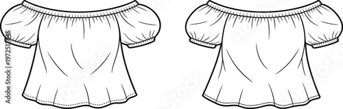 Women's Off The Shoulder Puff Sleeve Blouse Technical Fashion Illustration, Boho Peasant Top CAD Flat Sketch Vector Template with Elastic Neckline and Hem