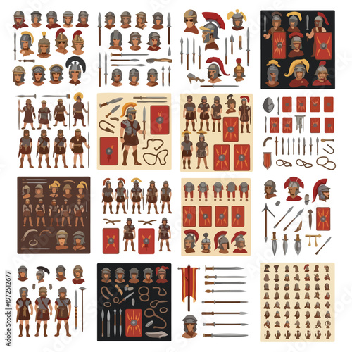 Ancient Roman Soldiers and Equipment Character Design Elements Collection.
