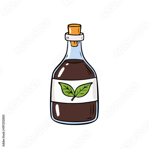 Hand-drawn cartoon bottle with cork stopper filled with dark liquid and green leaf label