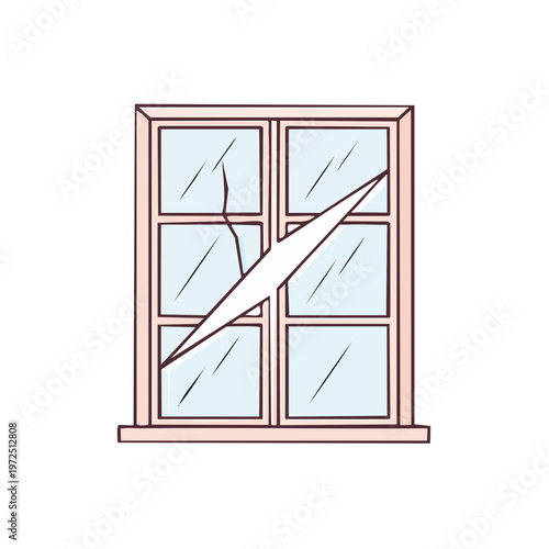 Stylized illustration of a damaged window with multiple cracks in the glass pane