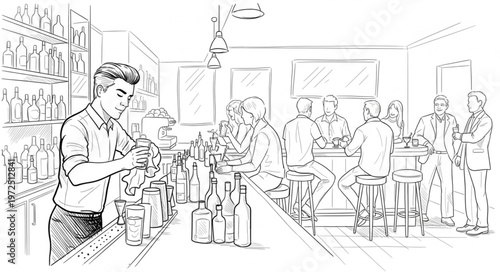Bartender at Work - A Detailed Line Art Illustration.