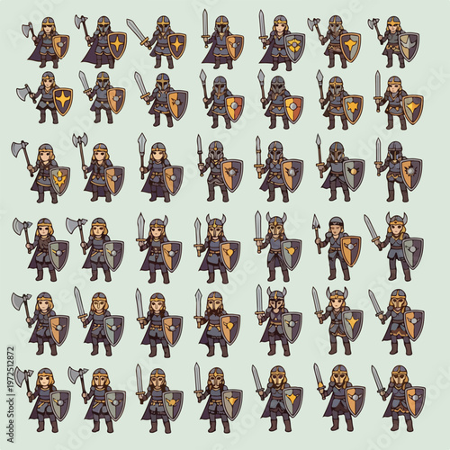 Collection of Medieval Fantasy Warrior Pixel Art Character Sprites for RPG Game Development.