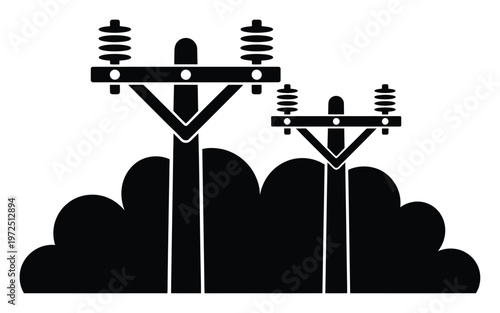 Black and white of two power poles with insulators against a cloudy background