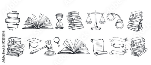 Law symbols set. Scales hand drawn.	
