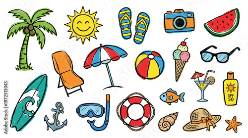 Vibrant summer vacation icons and symbols for beach holiday fun and travel adventures