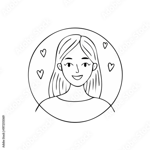 Simple Hand Drawn Portrait of a Smiling Young Woman with Hearts and Round Frame